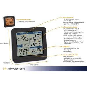 Schwarze TFA Funk-Wetterstation Sky mit Außensender zeigt Wettervorhersage, Innen- und Außentemperatur.