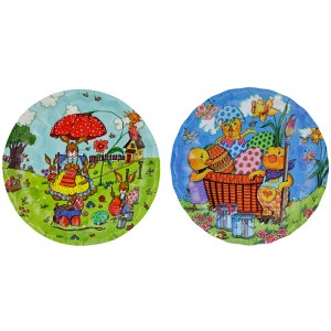 Bunte Pappteller für Ostern, Ø 26cm, mit Hasen- und Kükenmotiven für eine festliche Tischdeko.