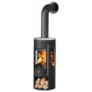 Justus Kaminofen Mino Trios 2.0, Stahl schwarz, Speckstein grau, mit Holzscheiten und brennendem Feuer.