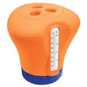 Chemoform Chlordosierer mit Thermometer in Orange/Blau für die Poolpflege.