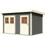 Karibu Holz-Gartenhaus Skanderbor, terragrau, mit Flachdach und Doppeltür.