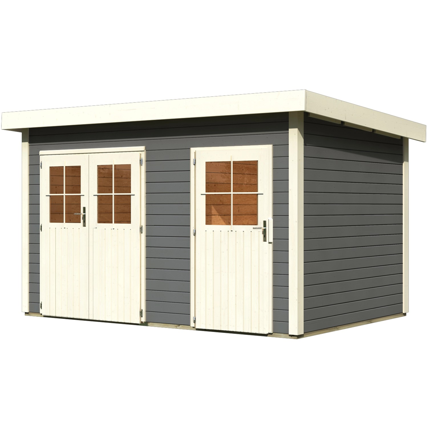 Karibu Holz-Gartenhaus Skanderbor, terragrau, mit Flachdach und Doppeltür.