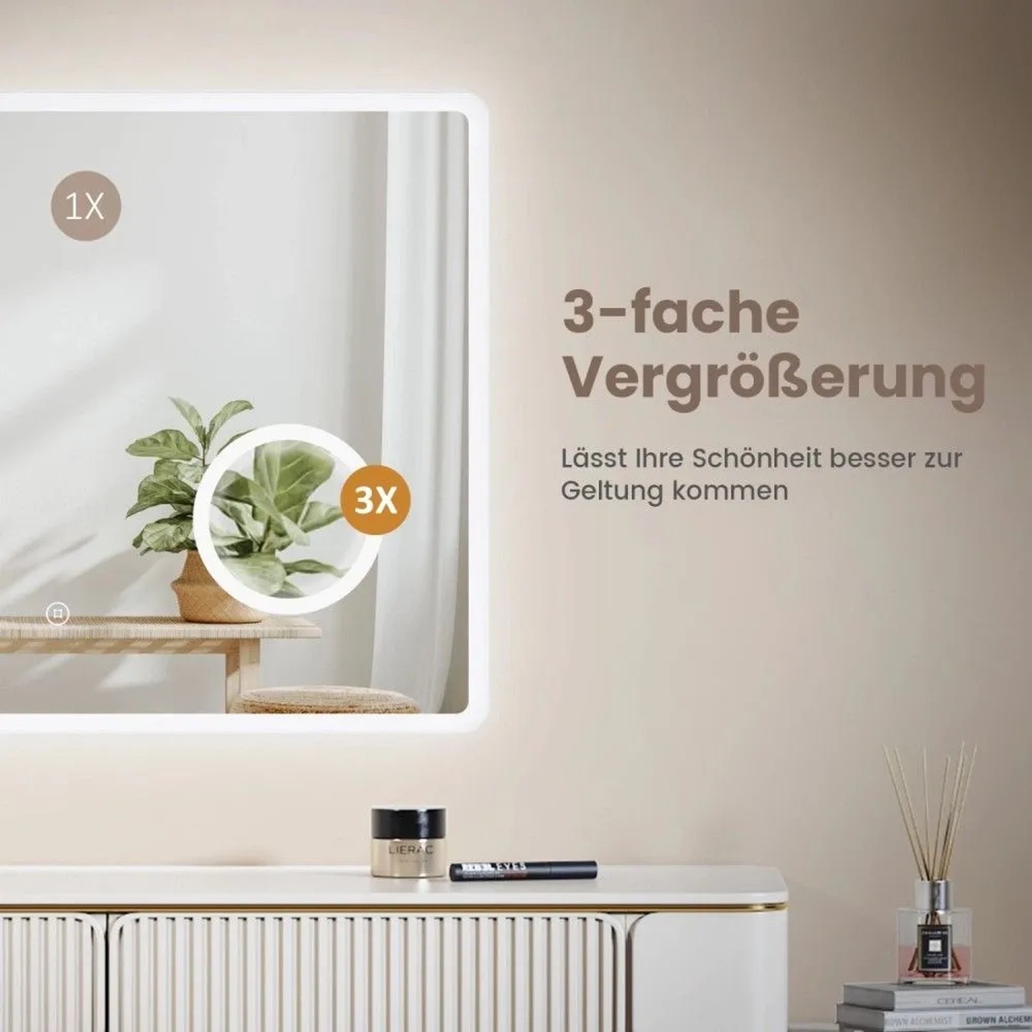 Emke LED Badspiegel 120x60cm mit Kaltweißlicht, 3-facher Vergrößerung und Touch-Bedienung im Bad.