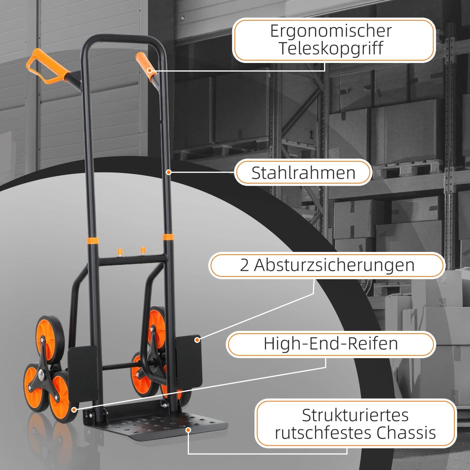 DURHAND Treppensteiger, schwarz-orange, mit Teleskopgriff, Stahlrahmen und 6 Rädern für Lastentransport.