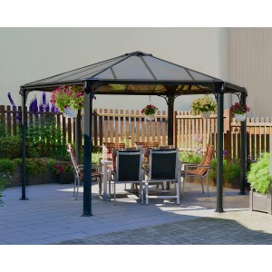 Anthrazitfarbener Palram Canopia Monaco Gartenpavillon 4.5 x 3.9 m mit LED-Set und Tischgruppe.