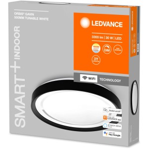 Verpackung der dimmbaren LED Deckenleuchte Ledvance Smart+ Orbis Gavin, 50 cm, mit schwarzem Ring.
