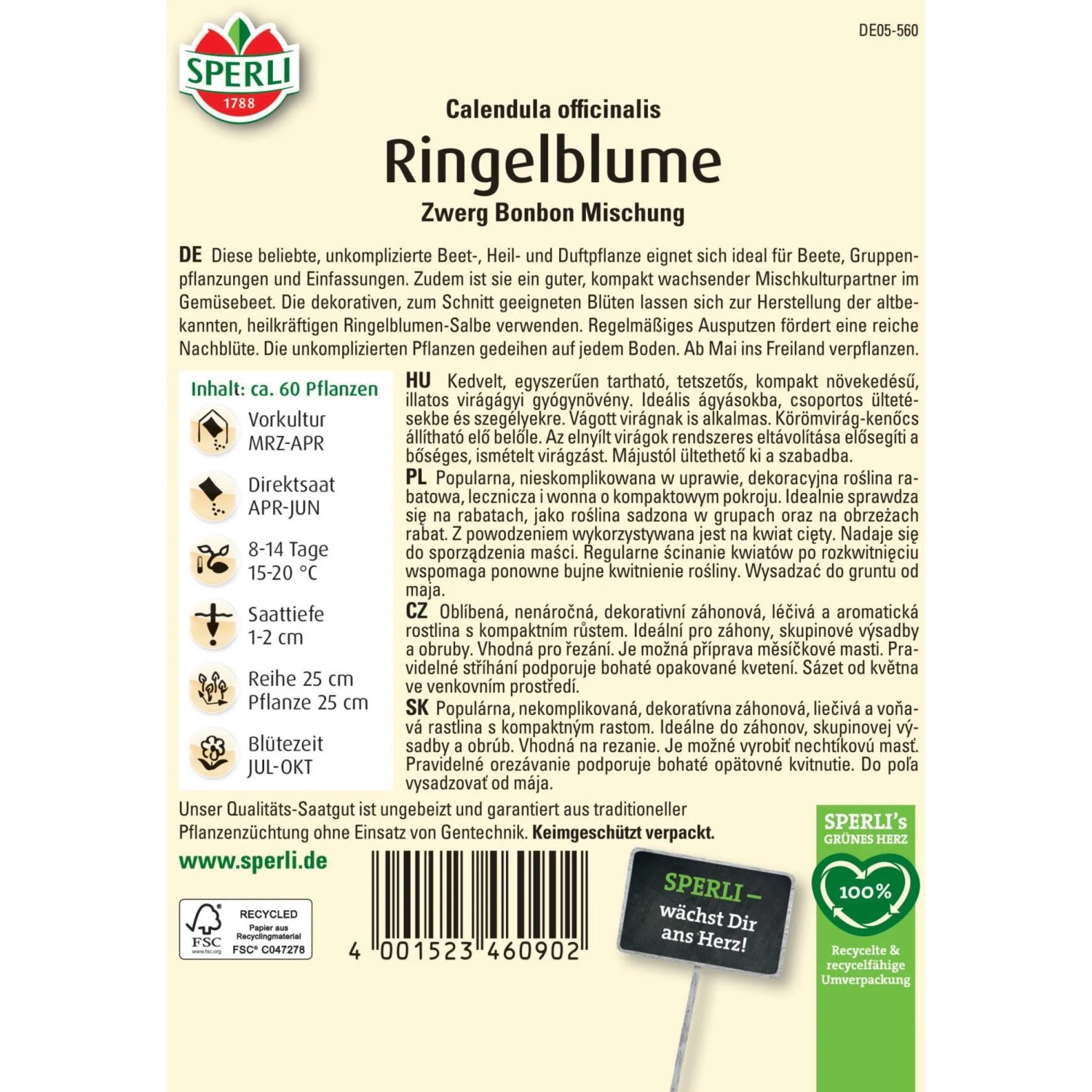 Sperli Saatgut Ringelblume Zwerg Bonbon Mischung, einjährige Zier- und Heilpflanze.
