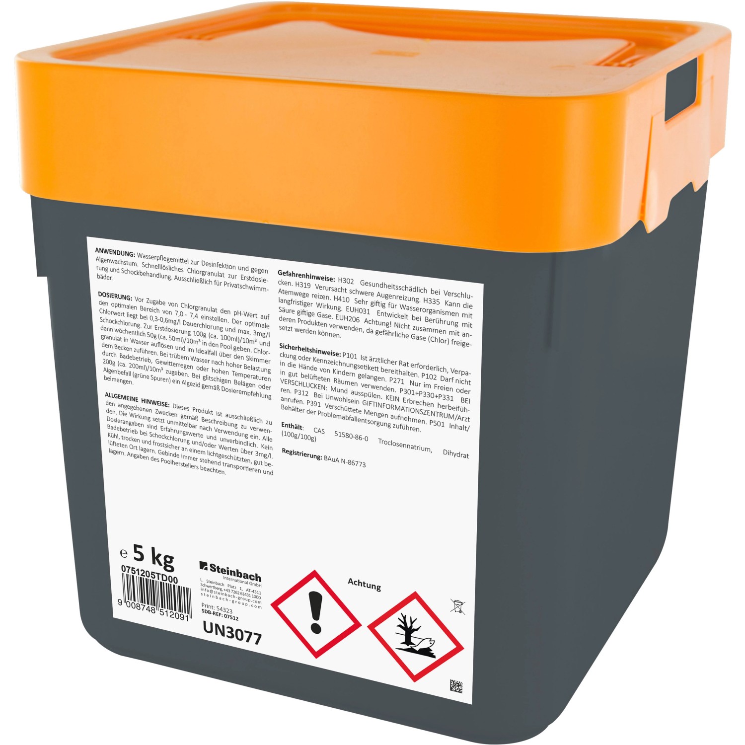 Steinbach Chlorgranulat, 5 kg, zur Pool Desinfektion. Behälter mit orangefarbenem Deckel.