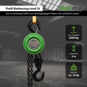 TRUTZHOLM Kettenzug Rund 2t Tragkraft 3m Hubhöhe Einzelbremse HSZ Flaschenzug Hebezug Seilzug