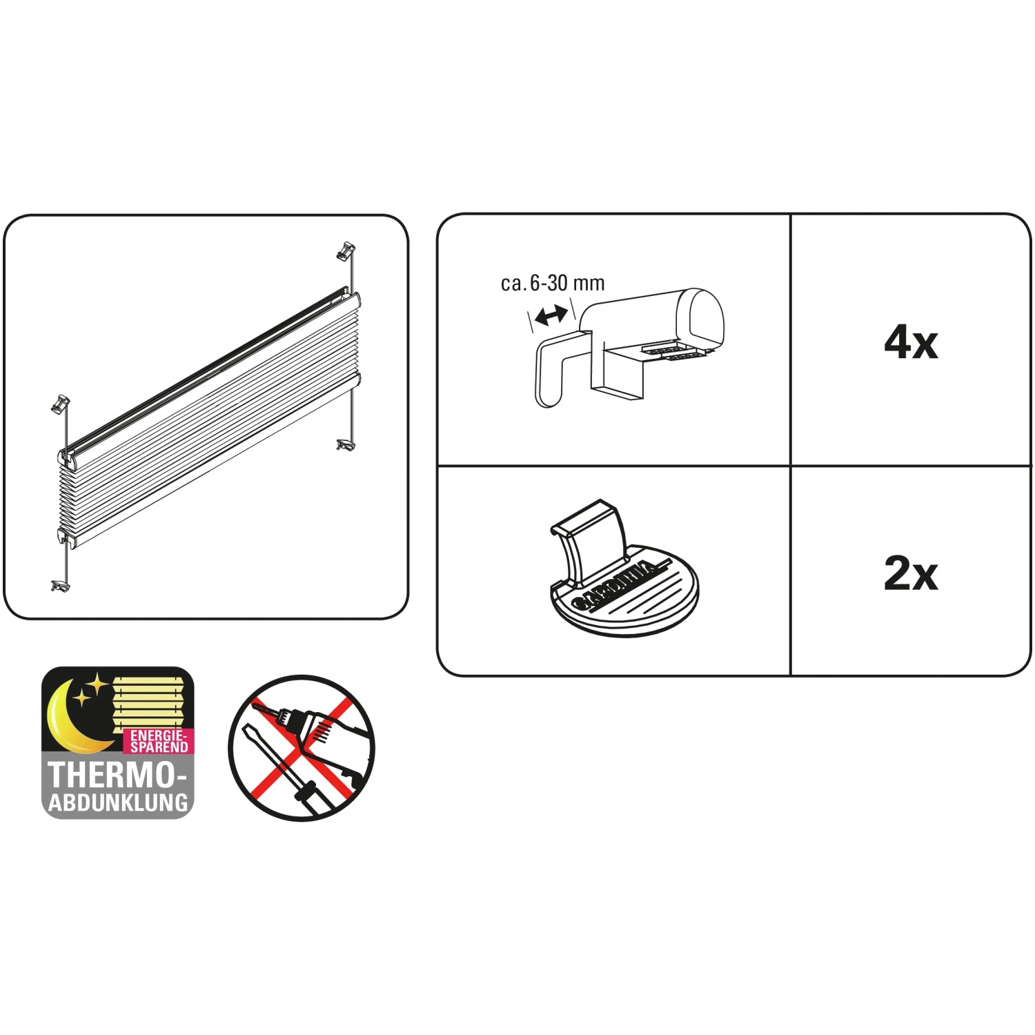 Montagehinweis Gardinia EasyFix Thermo-Plissee, weiß, 100x130 cm, mit Klemmträgern und Zubehör.