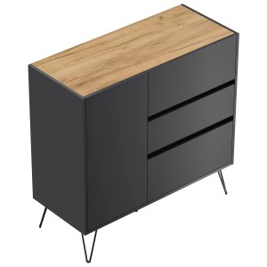 Posseik Sideboard Industrial L, 100 cm breit, Grafit/Eiche, mit 3 Schubladen und 1 Tür.