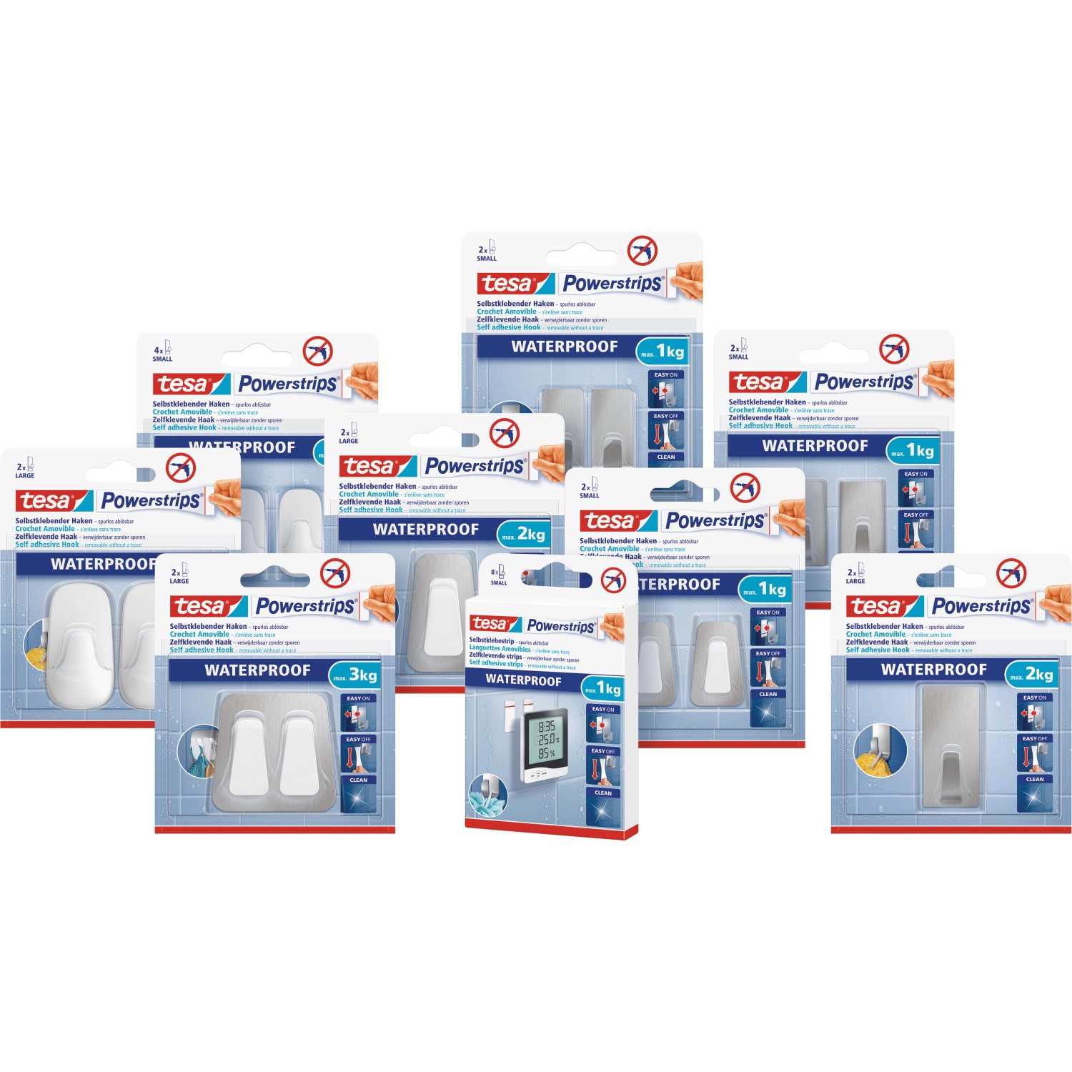Tesa Powerstrips Haken Waterproof Zoom Edelstahl, verschiedene Größen und Tragkräfte.
