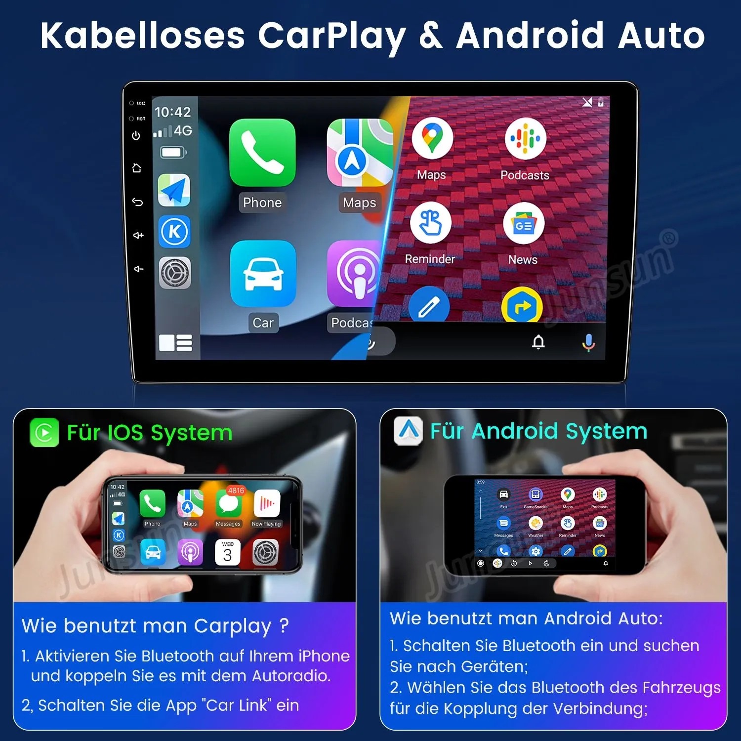 Junsun Autoradio für Ford Escape: Touchscreen zeigt kabelloses CarPlay & Android Auto mit Navigation und Apps.