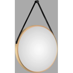Runder DSK Design Wandspiegel Silver Coiffeur Ø 50 cm mit goldenem Rahmen und Lederband.