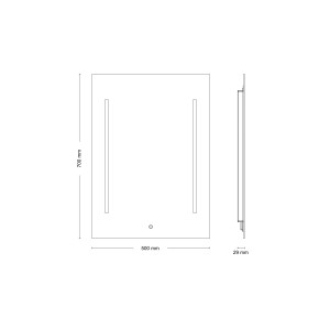 Skizze des rechteckigen Kristall-Form LED-Leuchtspiegels Sirius I, 50x70 cm, mit Maßangaben.