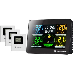 Bresser Thermo-Hygrometer Quadro NLX mit 3 Sensoren, Wetterstation mit Farbdisplay für Innen- und Außentemperatur.