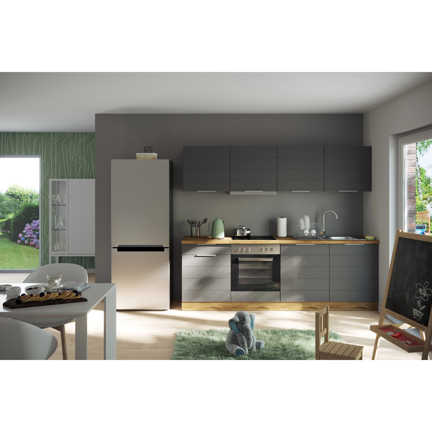 Moderne Küchenzeile (240 cm) in Grau-Wotaneiche ohne E-Geräte. Held Möbel Einbauküche für OBI.