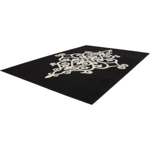 Schwarzer Teppich Stockholm (80x150 cm) mit weißem, floralem Muster. Moderner Flachflor-Teppich.