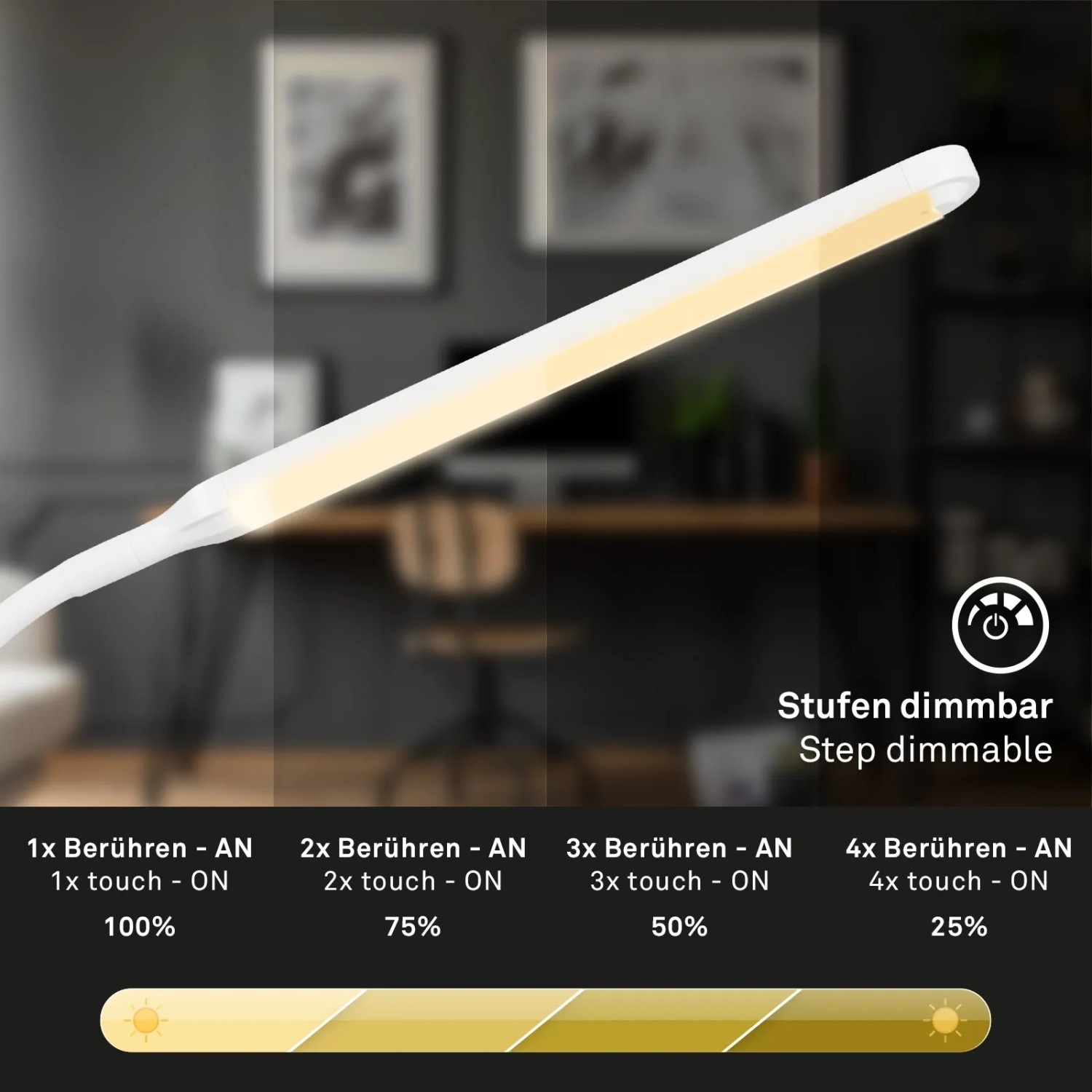 Weiße Brilo LED Schreibtischleuchte Pivaz mit Touch-Dimmer und warmweißem Licht.