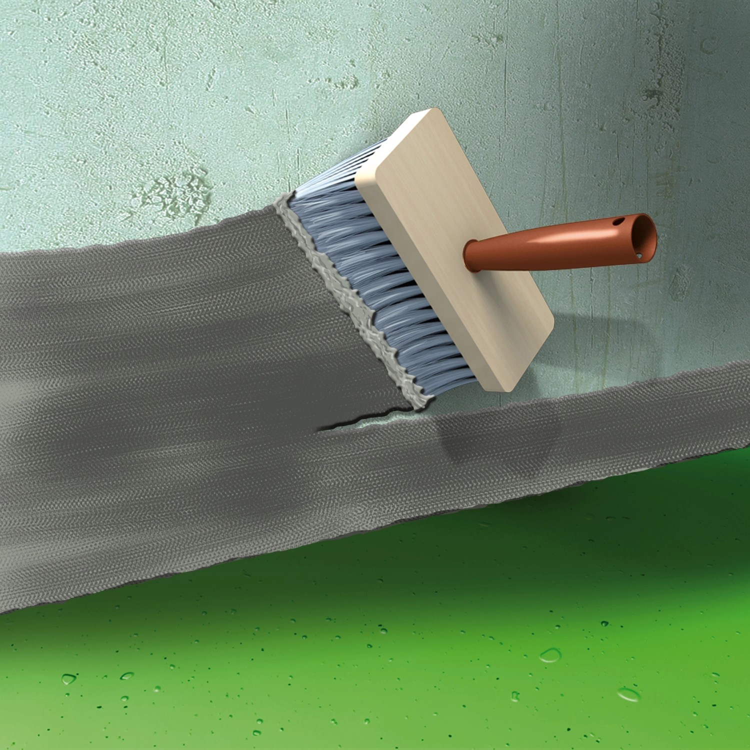 Auftragen der MEM Keller-Innen-Abdichtung mit einem Quast auf eine Wand. Bauabdichtung für den Innenbereich.