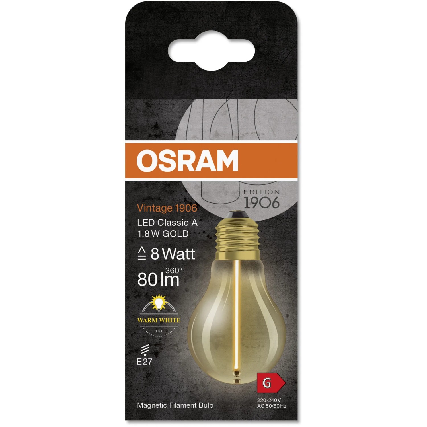 Osram E27 LED-Lampe in Glühlampenform, 1,8W, warmweißes Licht.