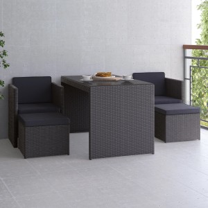 Graues 5-teiliges Balkonmöbel-Set Hazelton aus Polyrattan mit Tisch, Sesseln und Hockern.