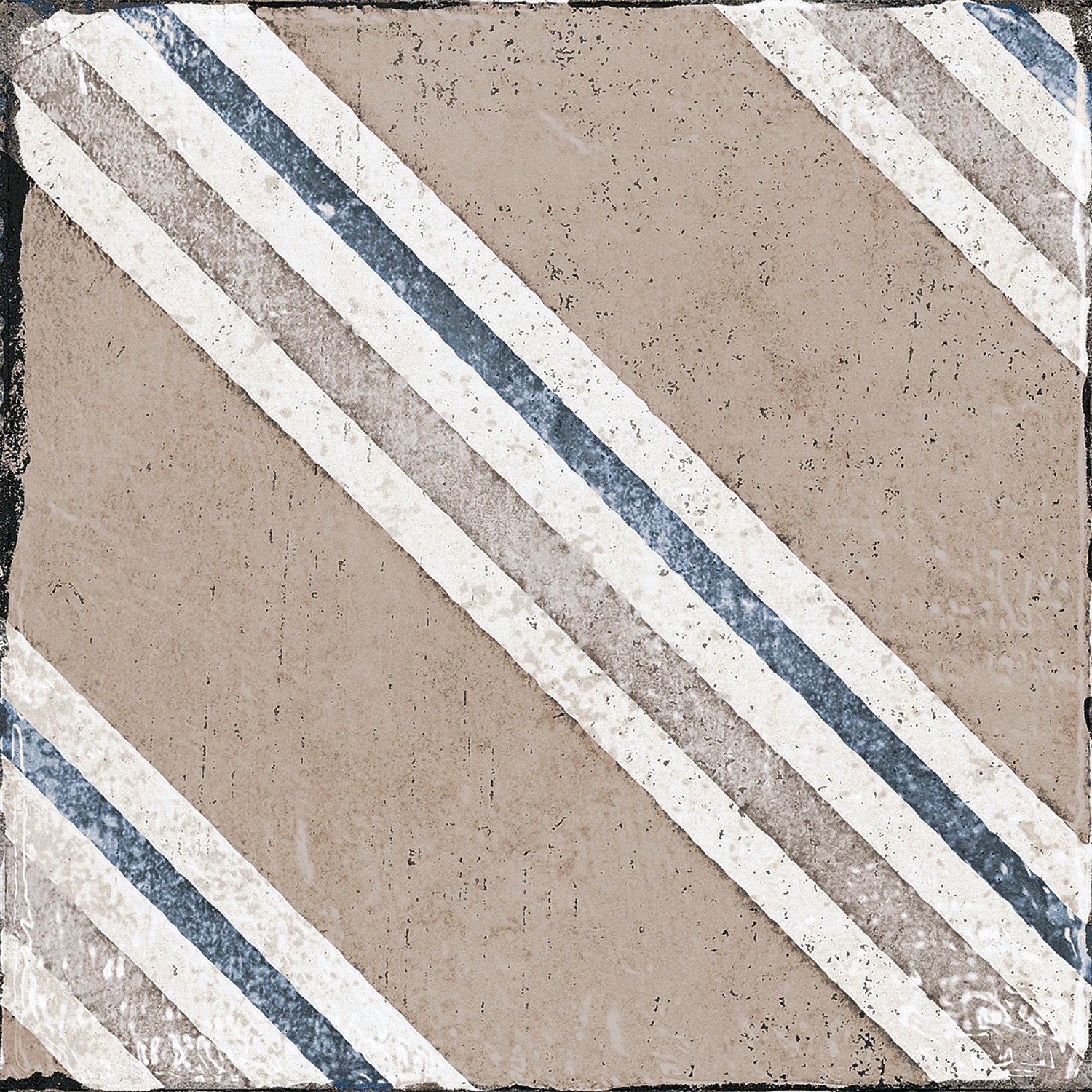 Quadratische, matte Bodenfliese Feinsteinzeug, 20x20 cm, mit beigen und blauen Streifen.