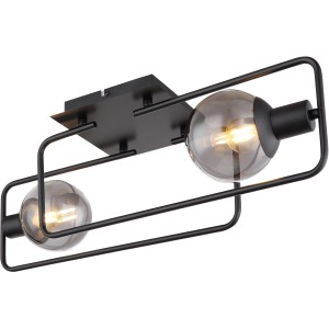 Moderne, 2-flammige Globo Deckenleuchte Blama in Schwarz matt mit rauchfarbenen Glasschirmen.