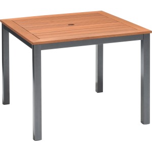 Quadratischer Gartentisch Harris in Anthrazit, 90x90 cm, mit Aluminiumrahmen und Holzoptik-Tischplatte.