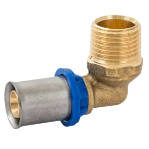 Kirchhoff MS-Winkel 90° Pressfitting 20mm x 21mm (1/2 AG) aus Messing, blank für Sanitär- und Heizungsinstallation.