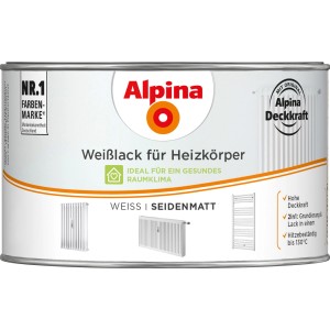 Dose Alpina Heizkörperlack Weiß seidenmatt, 300ml, mit Abbildungen von Heizkörpern.