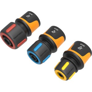 Fiskars Schlauchkupplung Stop, 3 Varianten (rot, blau, gelb) für 13-15 mm Schläuche.