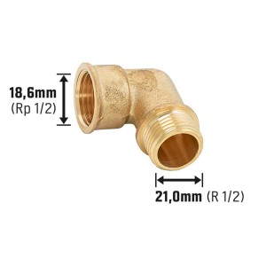 Gewinde-Winkel aus Messing, 18,6 mm (Rp 1/2) x 21 mm (R 1/2) für Wasser- und Heizungsinstallationen.