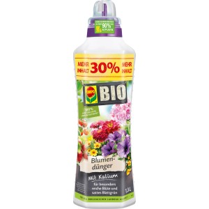 Compo Bio Blumendünger, 1.3L Flasche mit Blumen-Motiv für reiche Blüte.