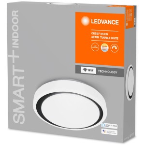Verpackung der Ledvance Smart+ WiFi Deckenleuchte Orbis Moon, weiß-schwarz, Ø 38cm, Tunable White.