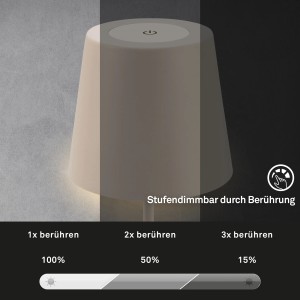 Beige Brilo Akku Tischleuchte Kiki mit Touchdimmer und 3 Dimmstufen (100%, 50%, 15%).