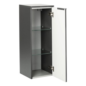 Fackelmann Bad-Hochschrank Luna, Anthrazit, mit offener Tür und Glasböden.