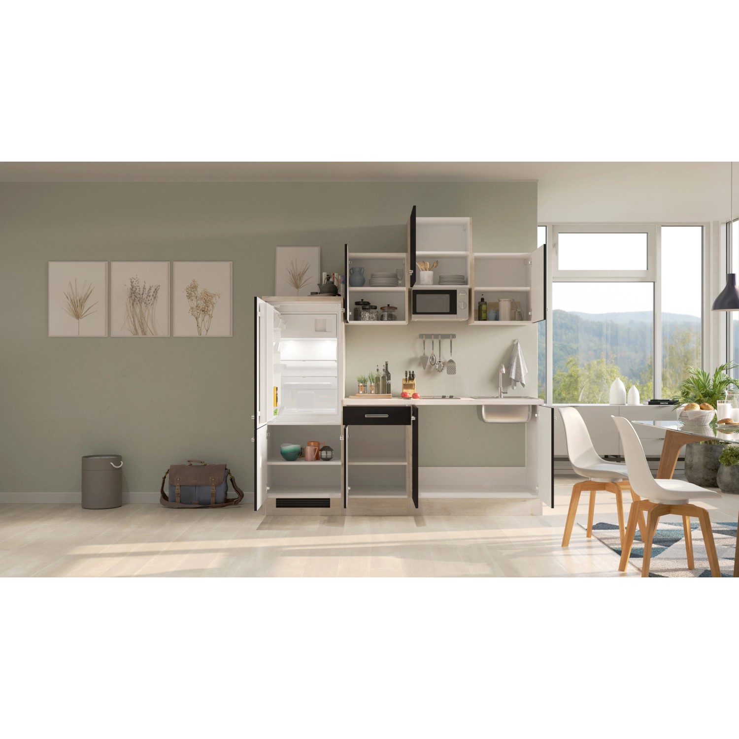 Flex-Well Küchenzeile Lara 210 cm in Anthrazit/San Remo Eiche mit E-Geräten.