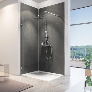 Schulte Duschrückwand ExpressPlus DecoDesign Softtouch Stein Anthrazit, Duschbereich mit anthrazitfarbener Rückwand.