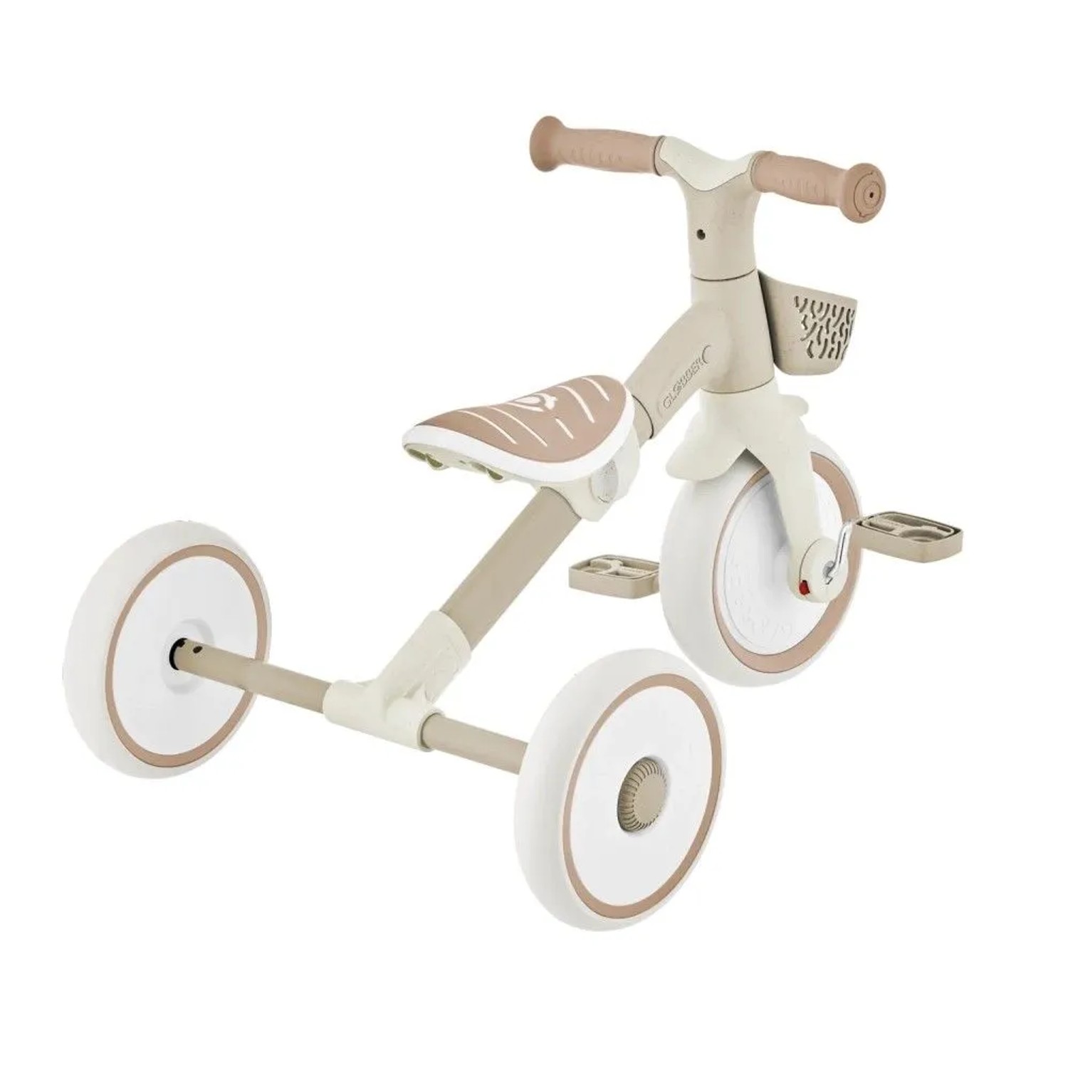 Globber Learning Trike 2in1 Plus, taupe-weißes Kinder-Dreirad und Laufrad. Höhenverstellbarer Sattel, abnehmbarer Korb.