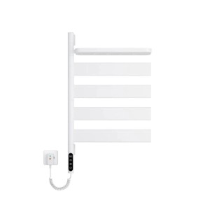 Weißer elektrischer Handtuchhalter mit drehbaren Stangen, Ablage, LED-Display und Stecker. Ideal für Badheizung.