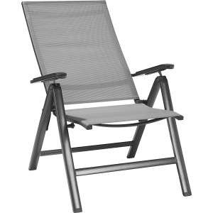 Grauer Klappsessel Pacora mit Textilen-Bespannung und verstellbarer Rückenlehne für Garten oder Balkon.