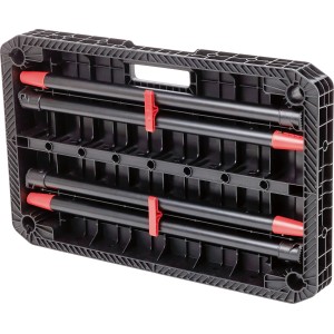 Klappbare Keter Werkbank 79 cm in Schwarz, mit verstauten Metallbeinen und Tragegriff für einfachen Transport.