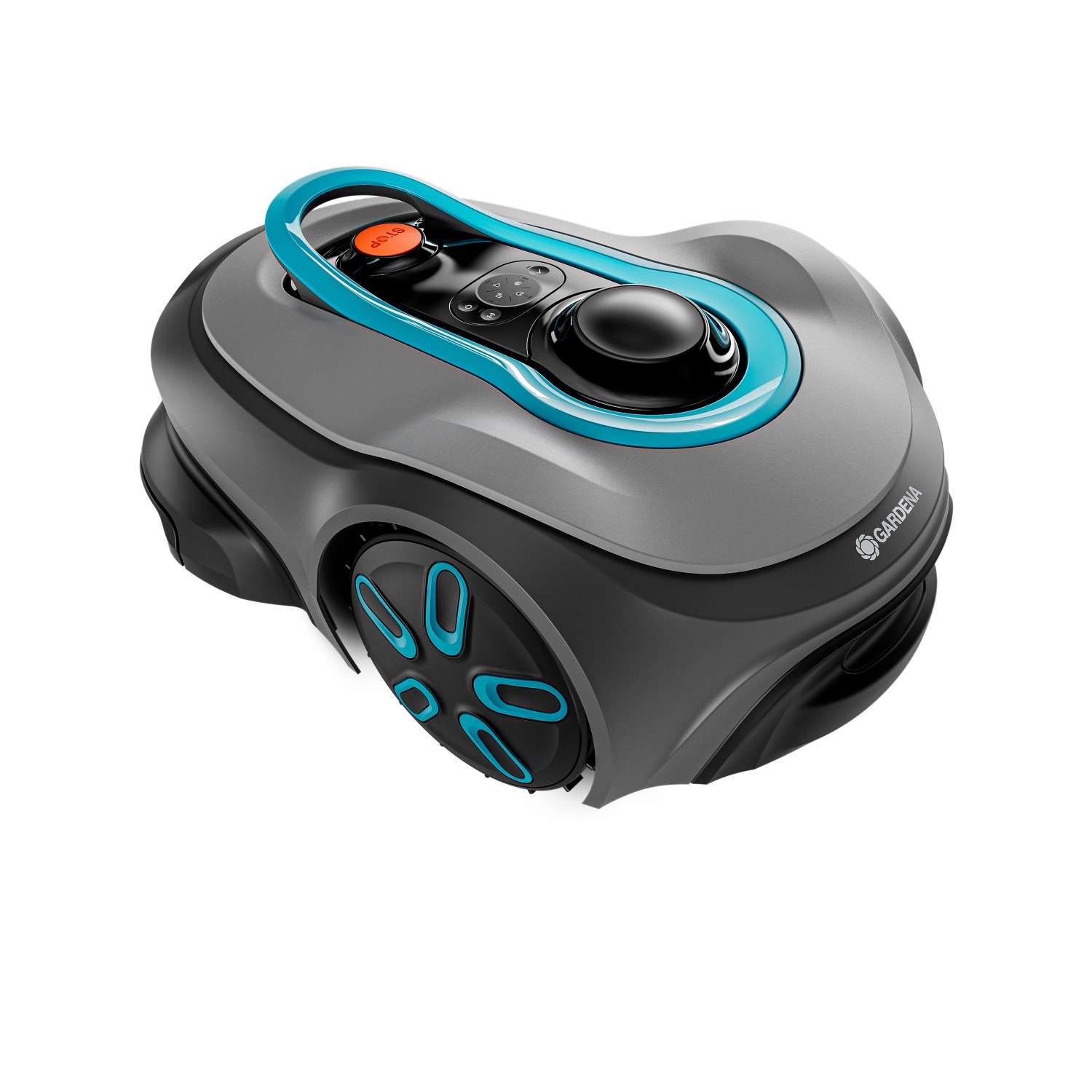 Gardena Mähroboter Sileno Smart Free 800: Grauer Rasenroboter mit blauen Akzenten und Bedienelementen.