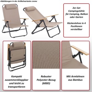 MCW 2er-Set Campingstuhl in Creme, klappbar, verstellbar, mit Bambus-Armlehnen. Robustes Metallgestell, Polyesterbezug.
