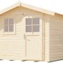 Naturbelassenes Holz-Gartenhaus 123 mit Satteldach, Fenster und Tür.