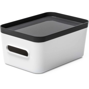 Weiße SmartStore Compact M Aufbewahrungsbox mit schwarzem Deckel. Praktisch und stapelbar.