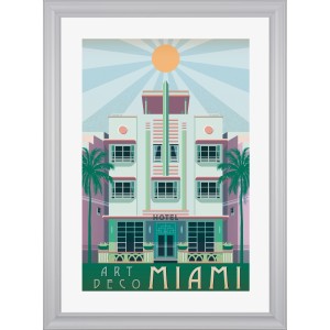 Weißer Kunststoff Bilderrahmen 50x70 cm mit Art Deco Miami Motiv. Klassischer Fotorahmen für Poster und Bilder.