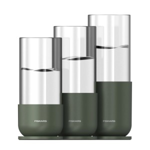 Fiskars Anzuchtglas-Set, 3 grüne Glasgefäße mit Metallständer zur Pflanzenvermehrung.