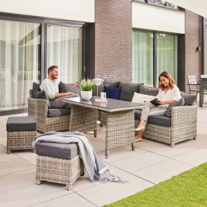 Home Deluxe Gartenmöbel-Set Bahia, 6-teilig, Polyrattan grau, mit Tisch, Sofas und Hockern.